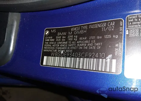 2003 BMW M5 z USA, uszkodzony, nr VIN WBSDE93403CF92410